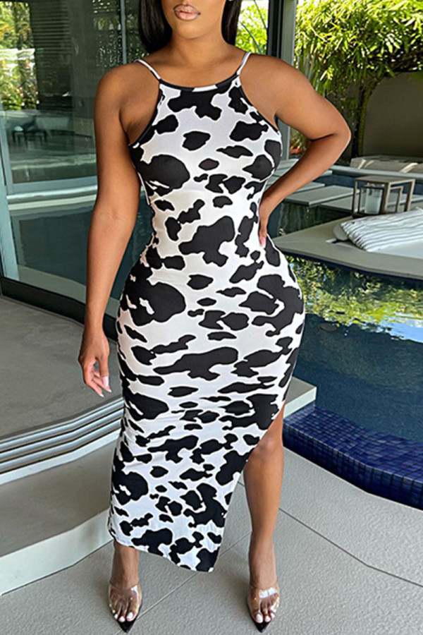 Black White Sexy Print Patchwork High Opening Spaghetti Strap Pencil Skirt Dresses