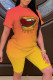 Orange Yellow Casual Gradual Change Lips Printed Patchwork O Neck Short Sleeve Two Pieces