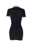 Royal blue Sexy Fashion Cap Sleeve Short Sleeves Turndown Collar Step Skirt skirt Patchwork Print chain 