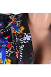 Black venetian Casual Patchwork Print Two Piece Suits Straight Long Sleeve Two-piece Pants Set