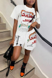White Fashion Casual Print Basic O Neck Short Sleeve Two Pieces