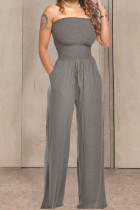 Grey Fashion Casual Solid Draped Sleeveless Wrapped Jumpsuits