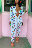 White street Print zipper Long Sleeve V Neck Jumpsuits