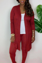 Red British Style Print Solid O Neck Long Sleeve Long Two Pieces