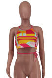 Blue Fashion Sexy Print Backless Strap Design O Neck Tops