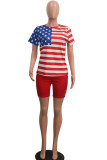 Red Fashion Sexy Striped Print Two Piece Suits Straight Short Sleeve Two Pieces