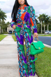 Multicolor Sexy Print Patchwork Turndown Collar Long Sleeve Two Pieces