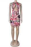 Blue Fashion Sexy Print Hollowed Out Backless Halter Sleeveless Dress