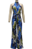 Turquoise Sexy Print Patchwork Halter Straight Jumpsuits