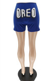 Blue Fashion Casual Letter Print Basic Skinny Mid Waist Shorts