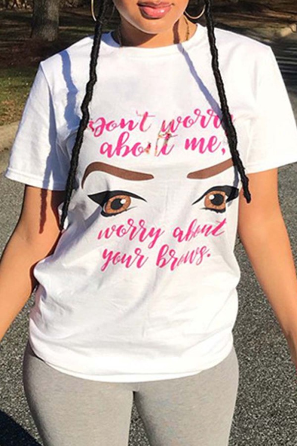 White Fashion Casual Print Basic O Neck T-Shirts