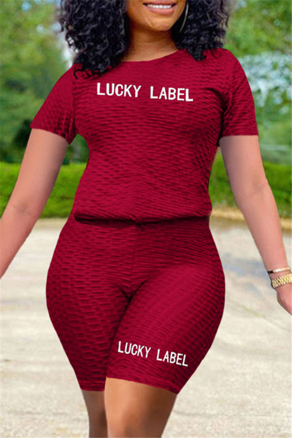 Burgundy Fashion Casual Letter Embroidered O Neck Short Sleeve Two Pieces