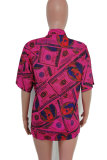 Red Nylon Turndown Collar Short Sleeve Patchwork Print Slim fit Button Tops