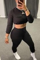 Black Fashion Casual Solid Basic O Neck Long Sleeve Two Pieces