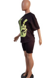 Black Fashion Casual adult Ma'am Print Two Piece Suits pencil Half Sleeve Two Pieces