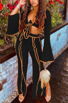 Black Fashion Casual Adult Milk Fiber Patchwork Solid Patchwork V Neck Long Sleeve Flare Sleeve Short Two Pieces