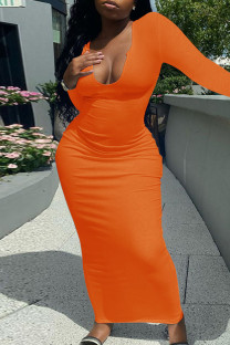 Tangerine Red Casual Solid Patchwork Asymmetrical Collar Straight Dresses