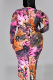 Orange Sexy Twilled Satin Print O Neck Long Sleeve Mid Calf Pencil Skirt Dresses