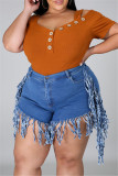 Rose Red Fashion Casual Solid Tassel Plus Size Jeans