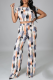 White Sexy Print Patchwork O Neck Short Sleeve Two Pieces