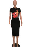 Black Fashion adult Sexy Cap Sleeve Short Sleeves O neck A-Line Mid-Calf hole Print asymmetrical