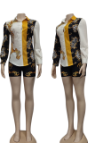 Black Yellow Casual Print Patchwork Turndown Collar Long Sleeve Two Pieces