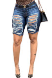 Navy Blue Denim Zipper Fly Mid Solid Hole washing Zippered Straight Capris Bottoms