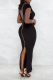 Black Sexy Solid High Opening Zipper U Neck Pencil Skirt Dresses