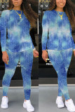 Sky Blue Casual Gradual Change Print Tie Dye Patchwork O Neck Long Sleeve Two Pieces