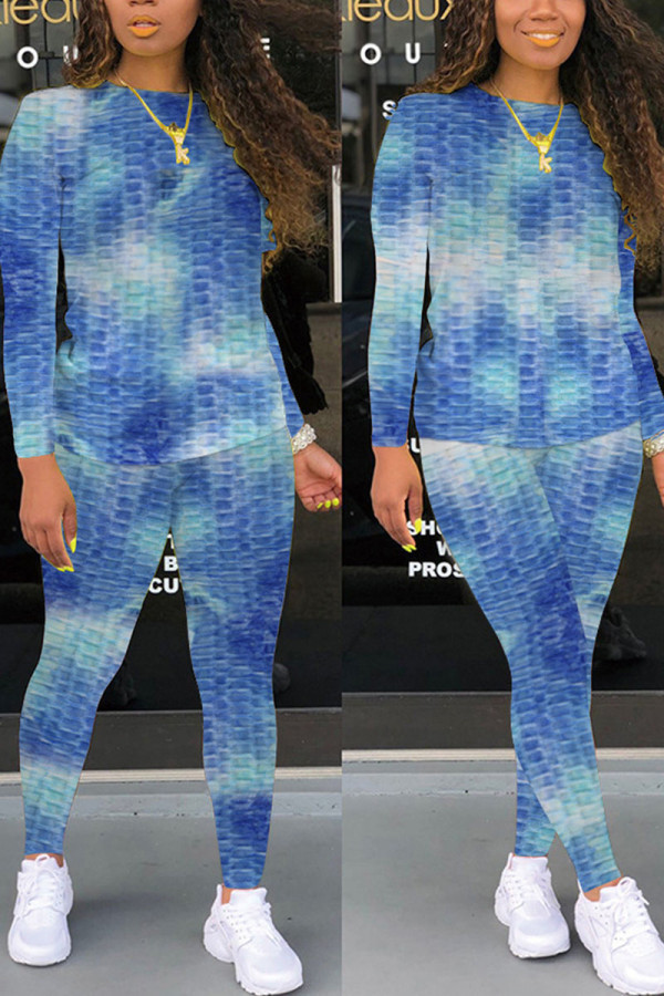 Sky Blue Casual Gradual Change Print Tie Dye Patchwork O Neck Long Sleeve Two Pieces