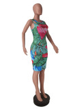 Green Fashion Sexy Print Basic O Neck Vest Dress