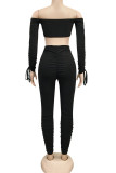 Black Sexy Solid Patchwork Draw String Fold Strapless Long Sleeve Short Two Pieces【Special offer, no returns or exchanges.】