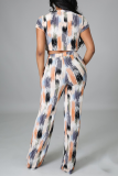 White Sexy Print Patchwork O Neck Short Sleeve Two Pieces