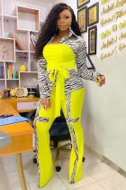 Yellow adult OL Fashion Bandage Print Two Piece Suits Patchwork contrast color Loose Long Sleeve