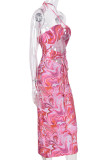 Red Sexy Print Hollowed Out Patchwork Frenulum Backless Fold Halter Pencil Skirt Dresses