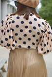 Apricot O Neck Puff sleeve Dot Patchwork Print asymmetrical Tops