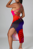 Orange Sexy Print Patchwork Frenulum Slit Spaghetti Strap Pencil Skirt Dresses