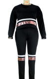 Black Casual Solid Sequins Patchwork O Neck Long Sleeve Two Pieces