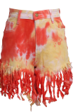 Pink Sexy Patchwork Tassel Tie-dye High Waist Regular Denim Shorts