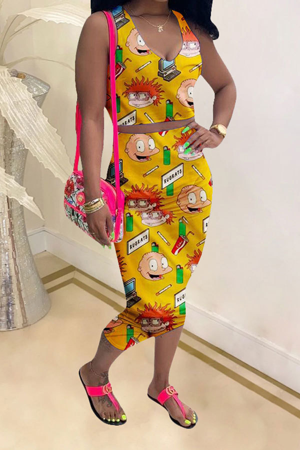 Yellow Fashion Casual adult Patchwork Print Character Two Piece Suits pencil Sleeveless Two Pieces