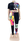 Black Fashion Casual Print Basic Half A Turtleneck Plus Size Two Pieces
