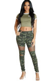 Green Elastic Fly Mid Patchwork Mesh Print Skinny Pants Pants