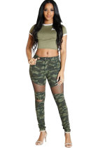 Green Elastic Fly Mid Patchwork Mesh Print Skinny Pants Pants