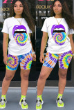 Green Fashion Sexy adult Ma'am O Neck Patchwork Print Tie Dye Two Piece Suits Stitching Plus Size