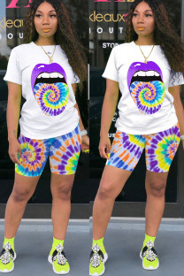 purple Fashion Sexy adult Ma'am O Neck Patchwork Print Tie Dye Two Piece Suits Stitching Plus Size
