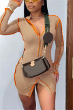 Red Fashion Sexy Solid Patchwork Slit V Neck Long Sleeve Dress