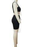 Black Sexy Solid Patchwork Draw String Asymmetrical One Shoulder Two Pieces