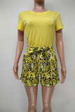 Green Casual Print Patchwork O Neck Short Sleeve Two Pieces