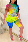 Orange Fashion Casual adult Ma'am Patchwork Print Character Tie Dye Two Piece Suits Straight Short Sleeve Two Pieces