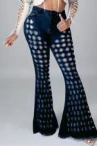 The cowboy blue Fashion Casual Solid Hollowed Out High Waist Regular Jeans